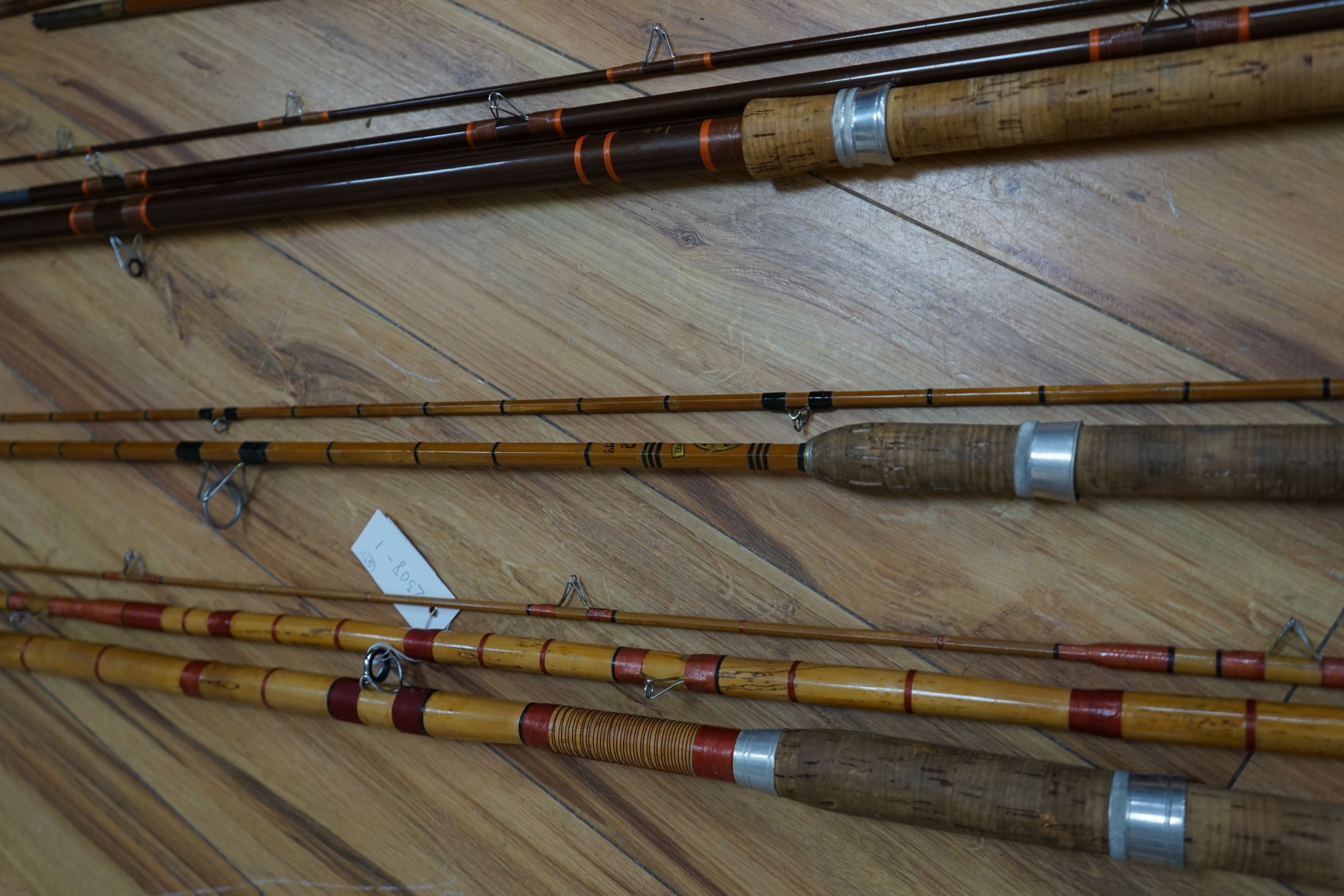 A collection of mixed split cane fishing rods, Les Compton, Elasticane, Carton-James and another (4)